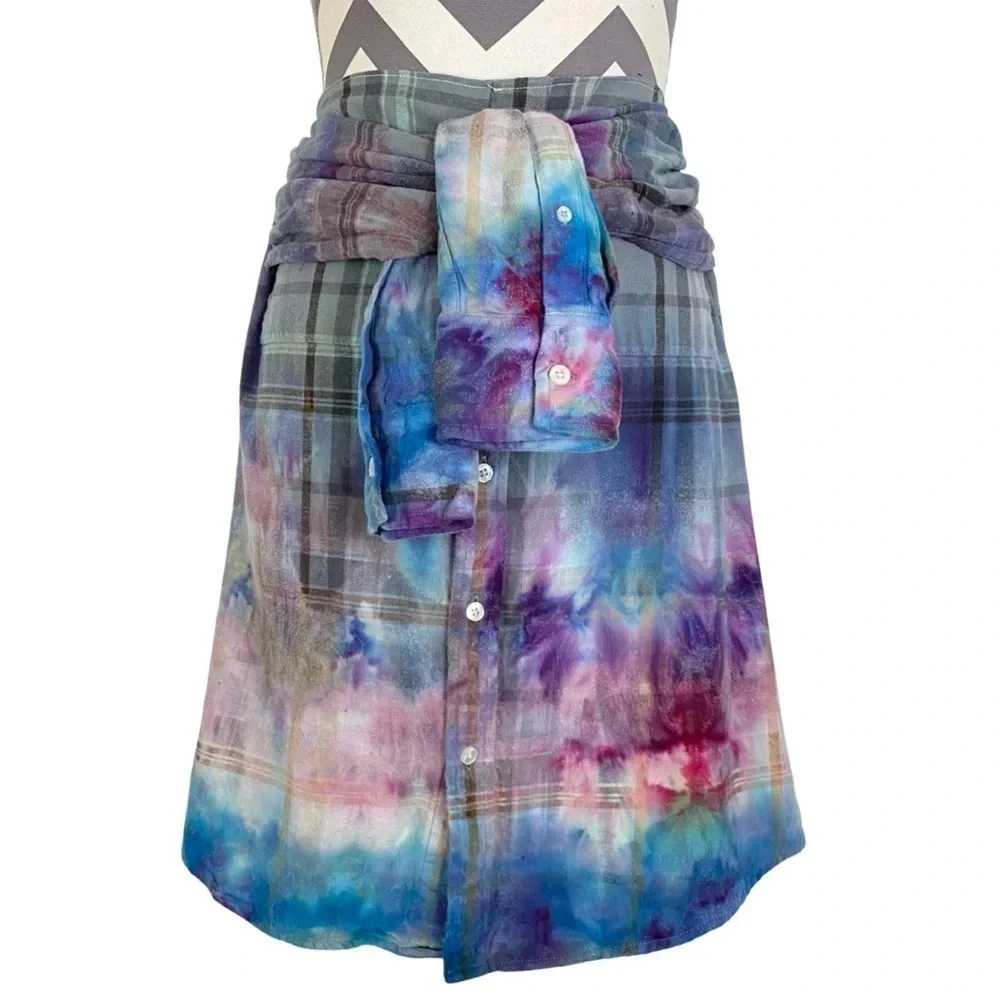 Handmade Shirt Skirt Womens XS - Small Tie Dye Flannel Plaid Tie Waist Skirt